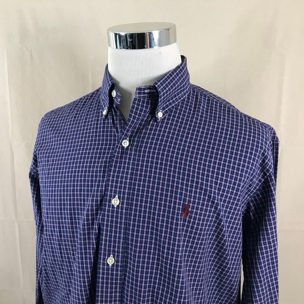 Polo Ralph Lauren 15.5 34/35 Yarmouth Button Down Shirt Navy Plaid Cotton Mens